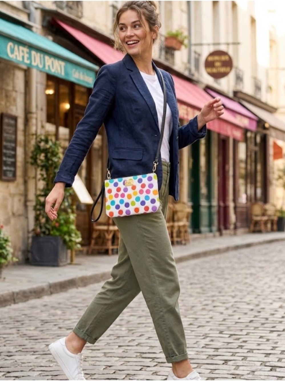 Playful Multicolor Polka Dot Crossbody Bag with Black Strap
